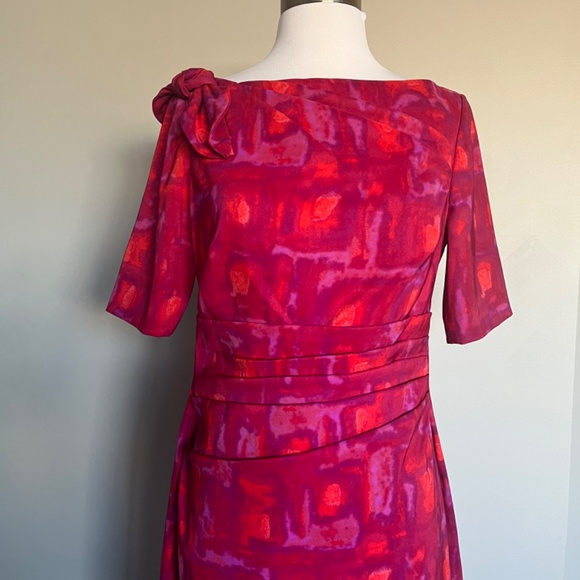 Kay Unger Pink Ruched Bow Neck Cocktail Pencil Abstract Print Sheath Dress - Picture 3 of 12